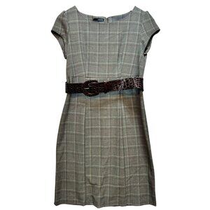 Womens Preppy Knee Length Casual Business Dress Short Sleeve Gray Plaid Belted